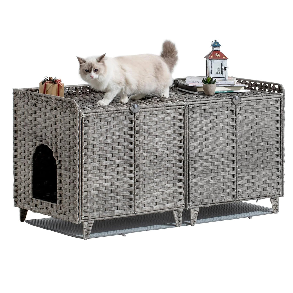 HiMISS Double Door Rattan Litter Box Enclosure Cabinet