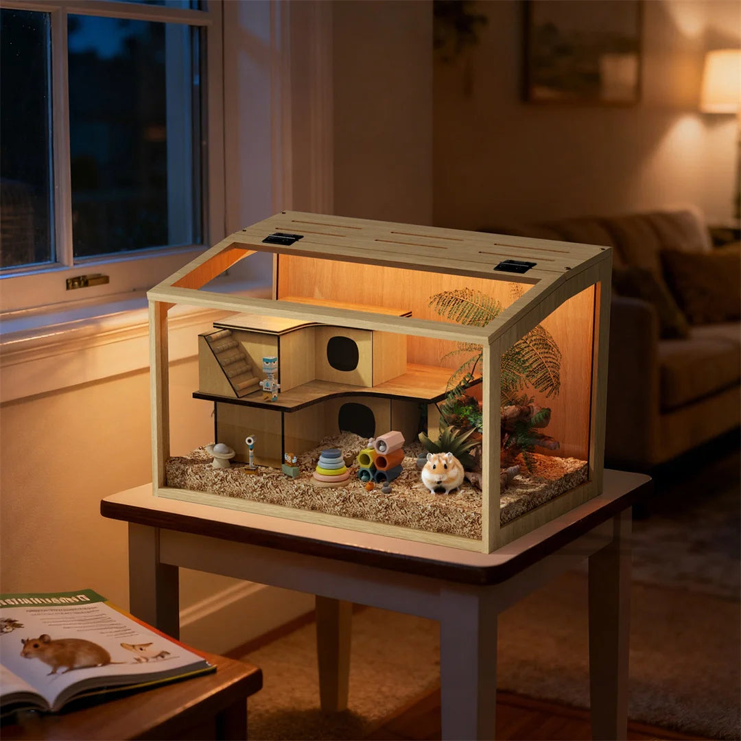 Indoor Wooden Hamster Cage With Glass Panels And LED Lighting