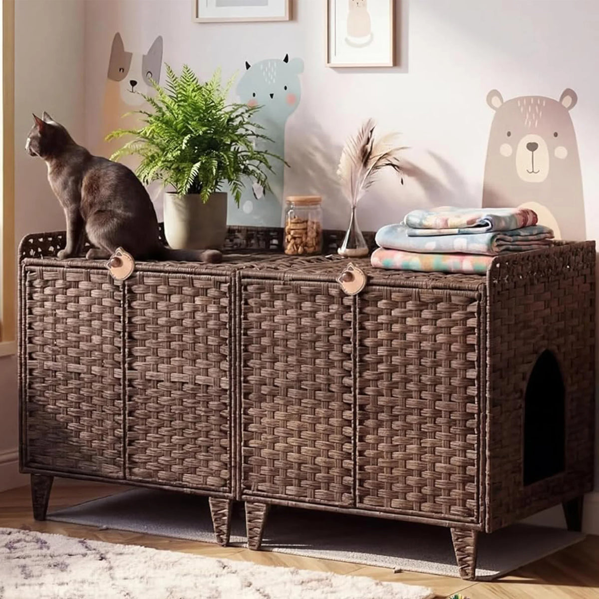HiMISS Double Door Rattan Litter Box Enclosure Cabinet