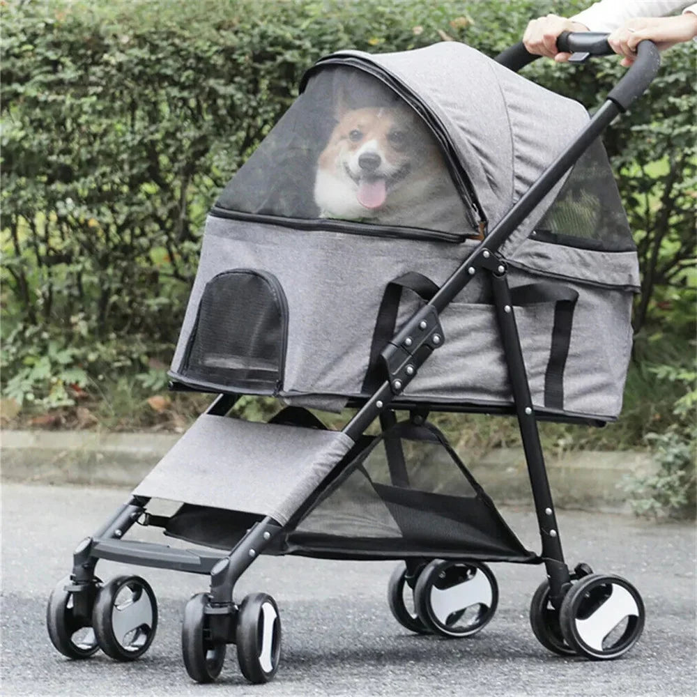 Foldable Pet Stroller With Rain Cover And Storage Basket
