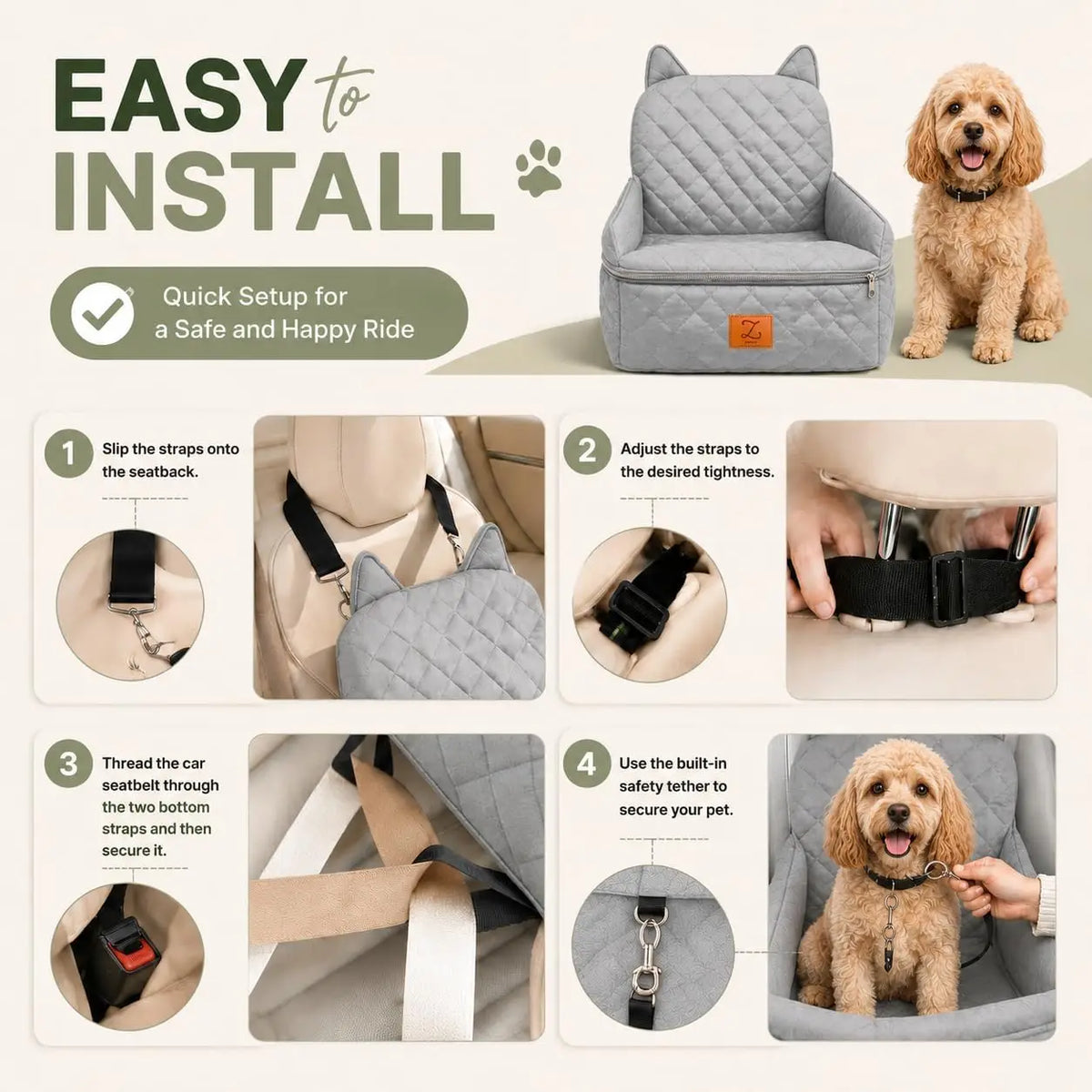 Dog Car Seat Booster With Safety Belt And Washable Cover