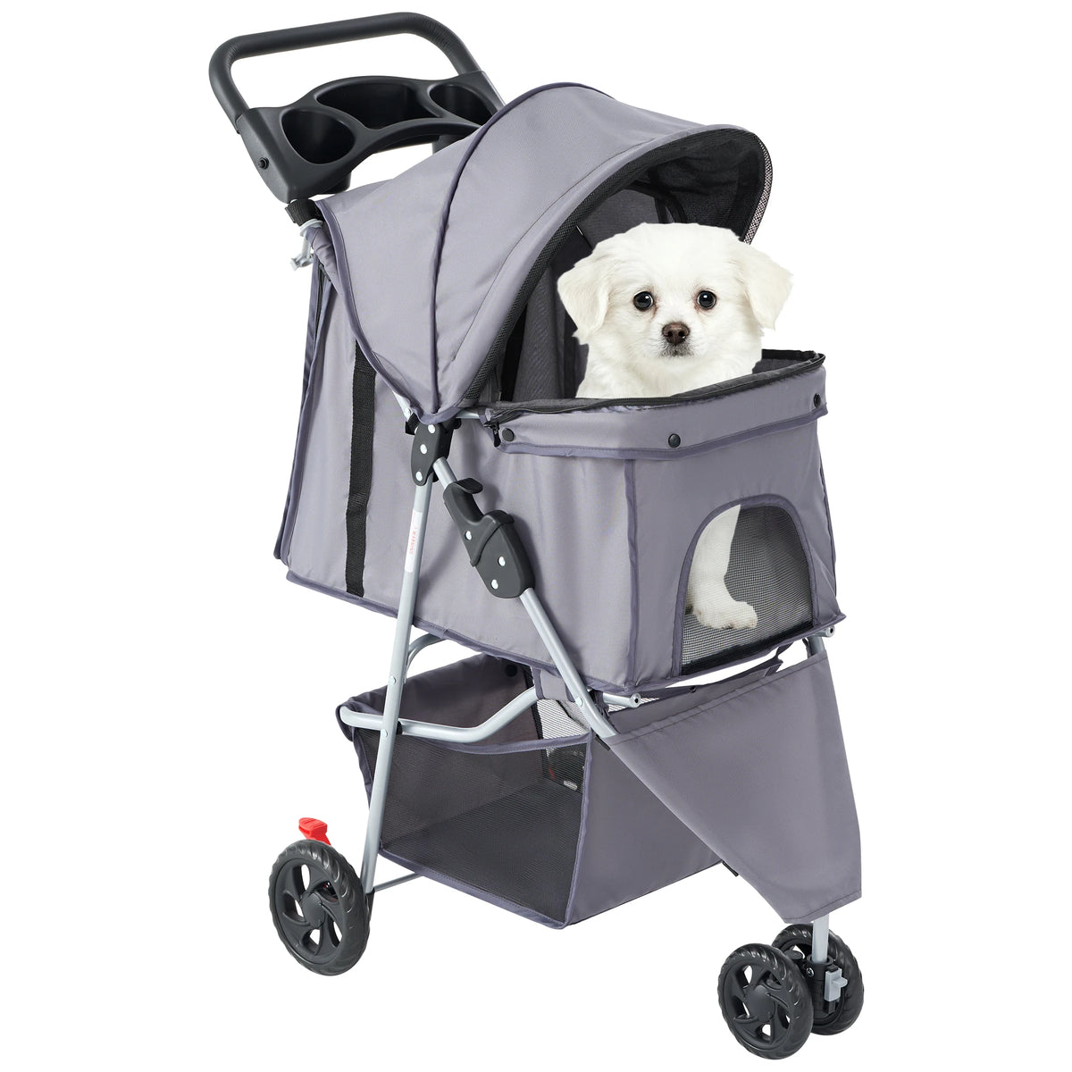 Foldable Pet Stroller with Mesh Windows and Storage Basket for Outdoor Use