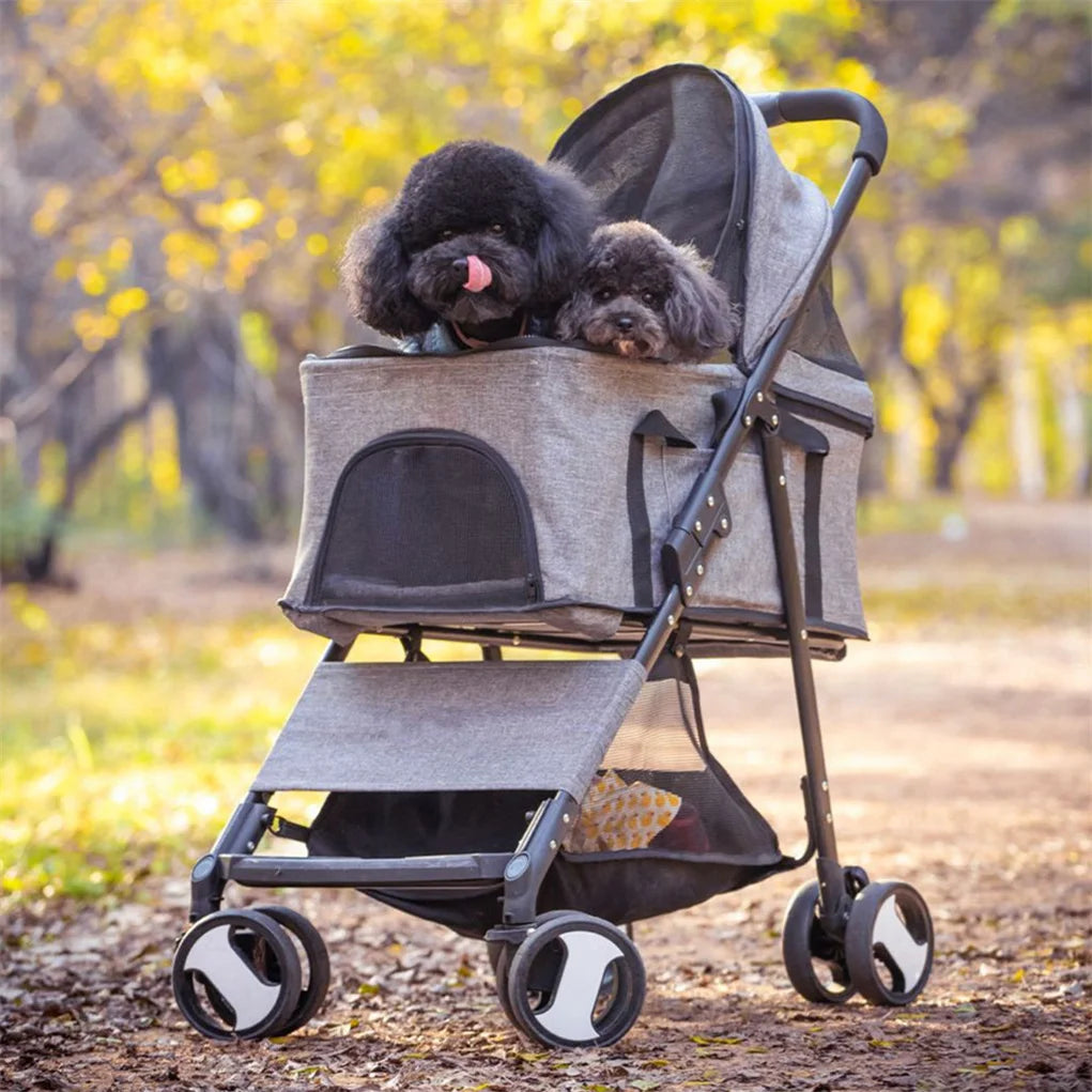 Foldable Pet Stroller With Rain Cover And Storage Basket