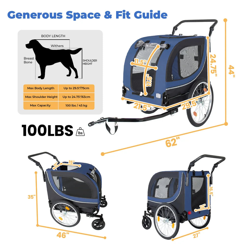 Foldable 2-in-1 Pet Bike Trailer and Stroller for Dogs