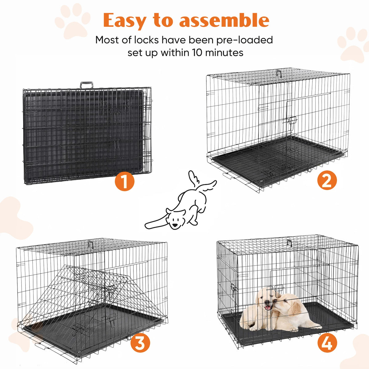 JHK Folding Metal Double Door Dog Crate With Removable Tray