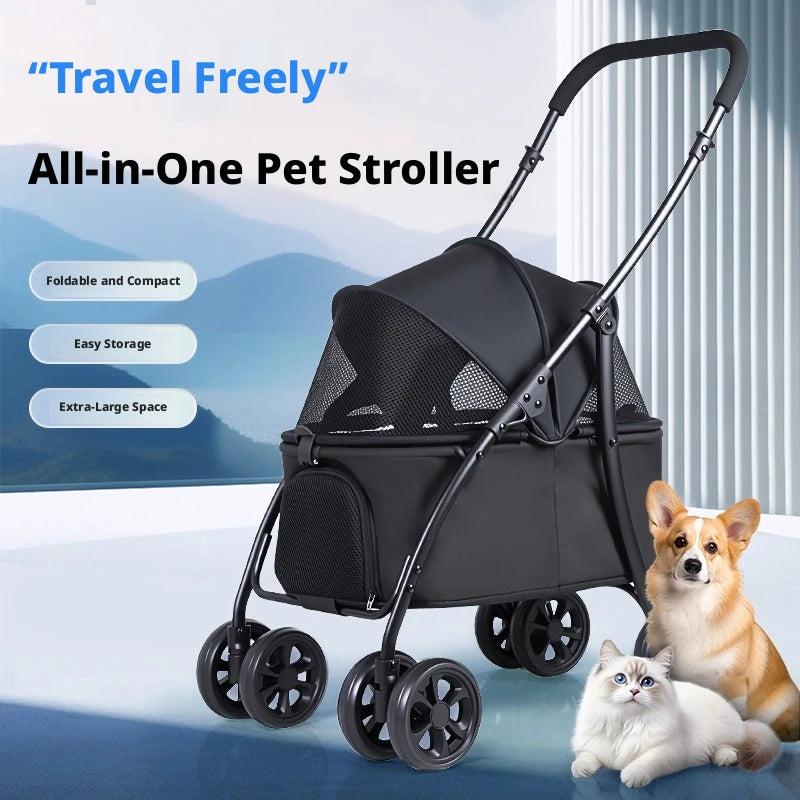 Foldable Pet Stroller with Swivel Wheels and Breathable Mesh Windows