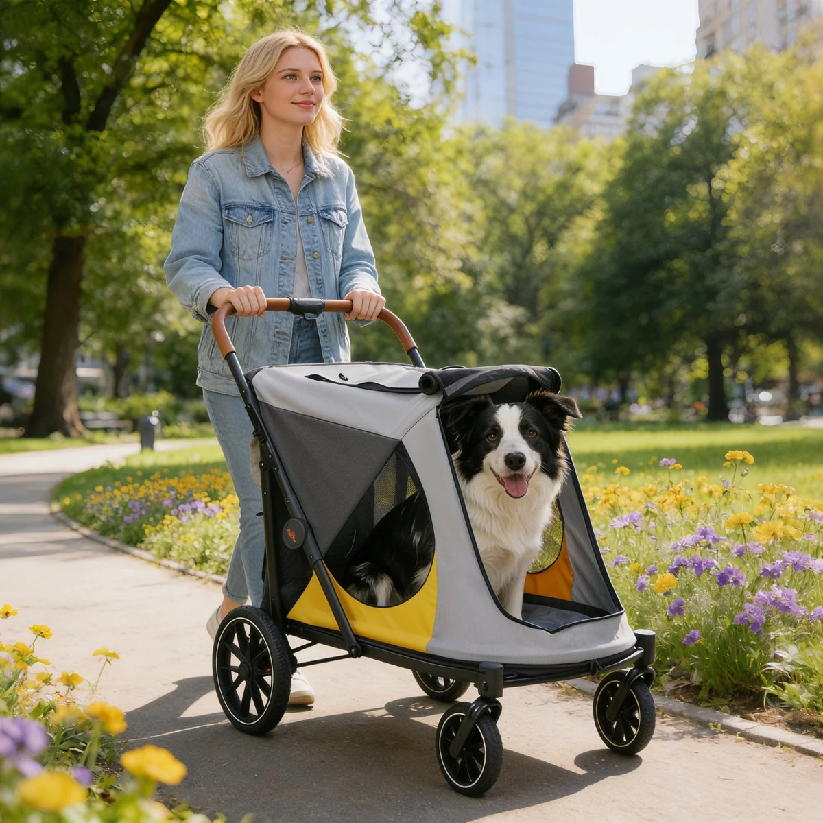 Folding Dog Stroller With Storage For Outdoor Pet Travel