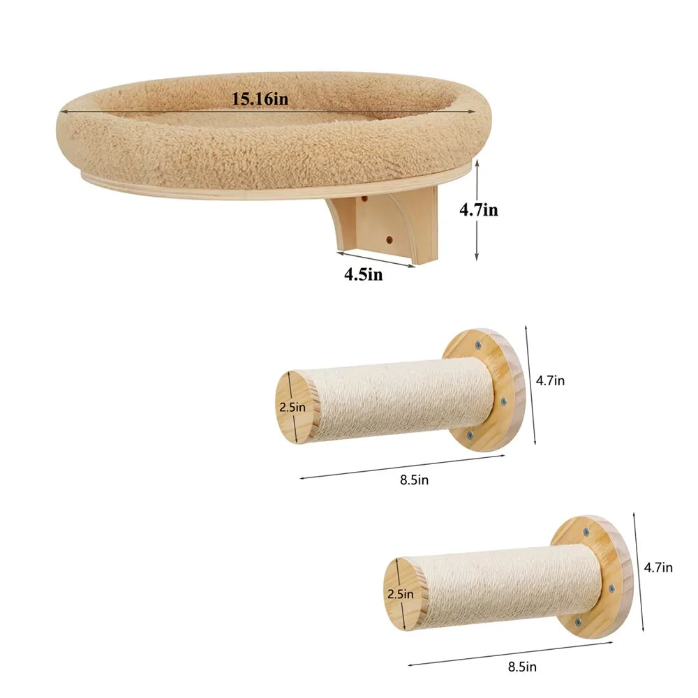 CWV Solid Pine Wood Cat Wall Mounted Ladder And Hammock