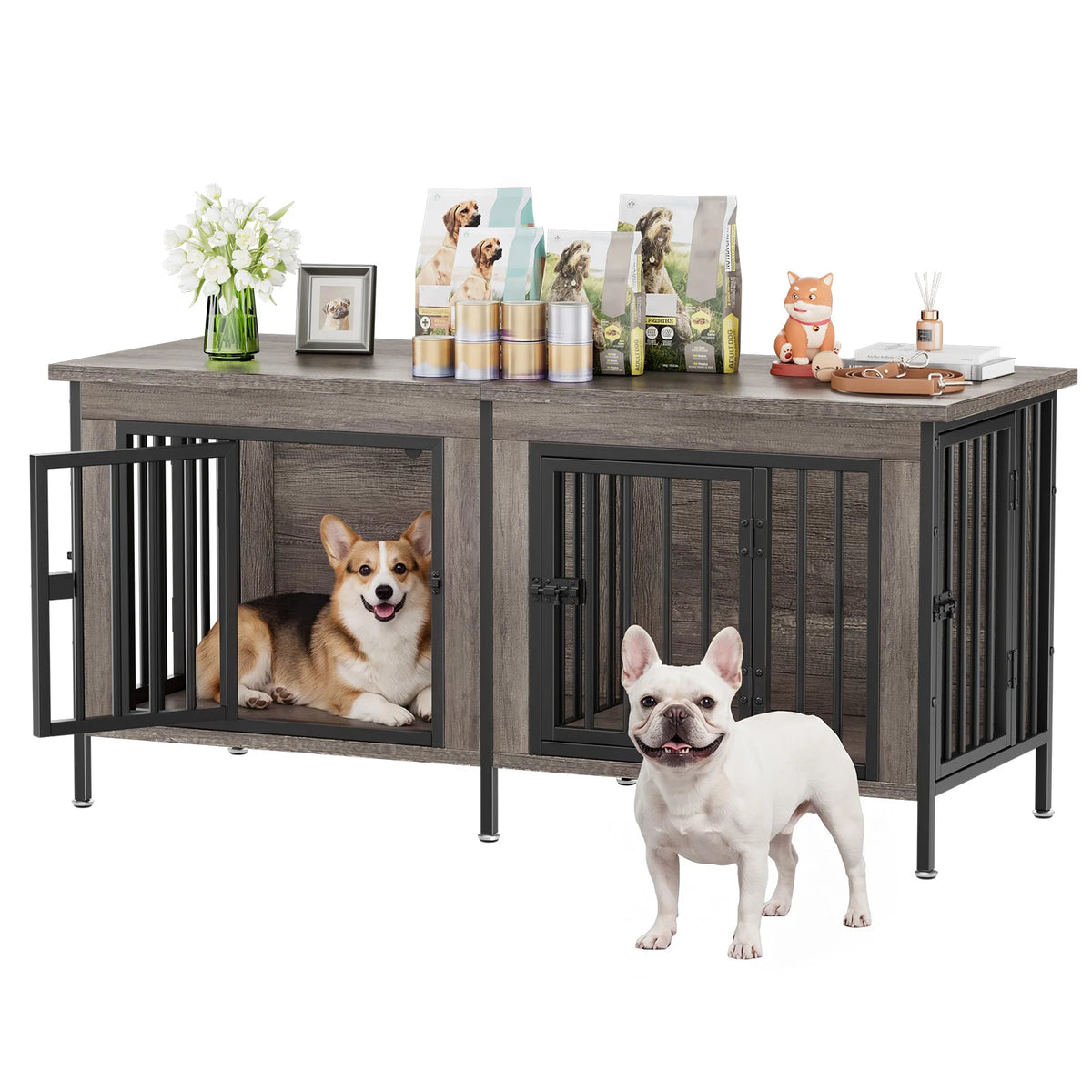 JHK Double Door Wooden Dog Kennel With Secure Divider Panel