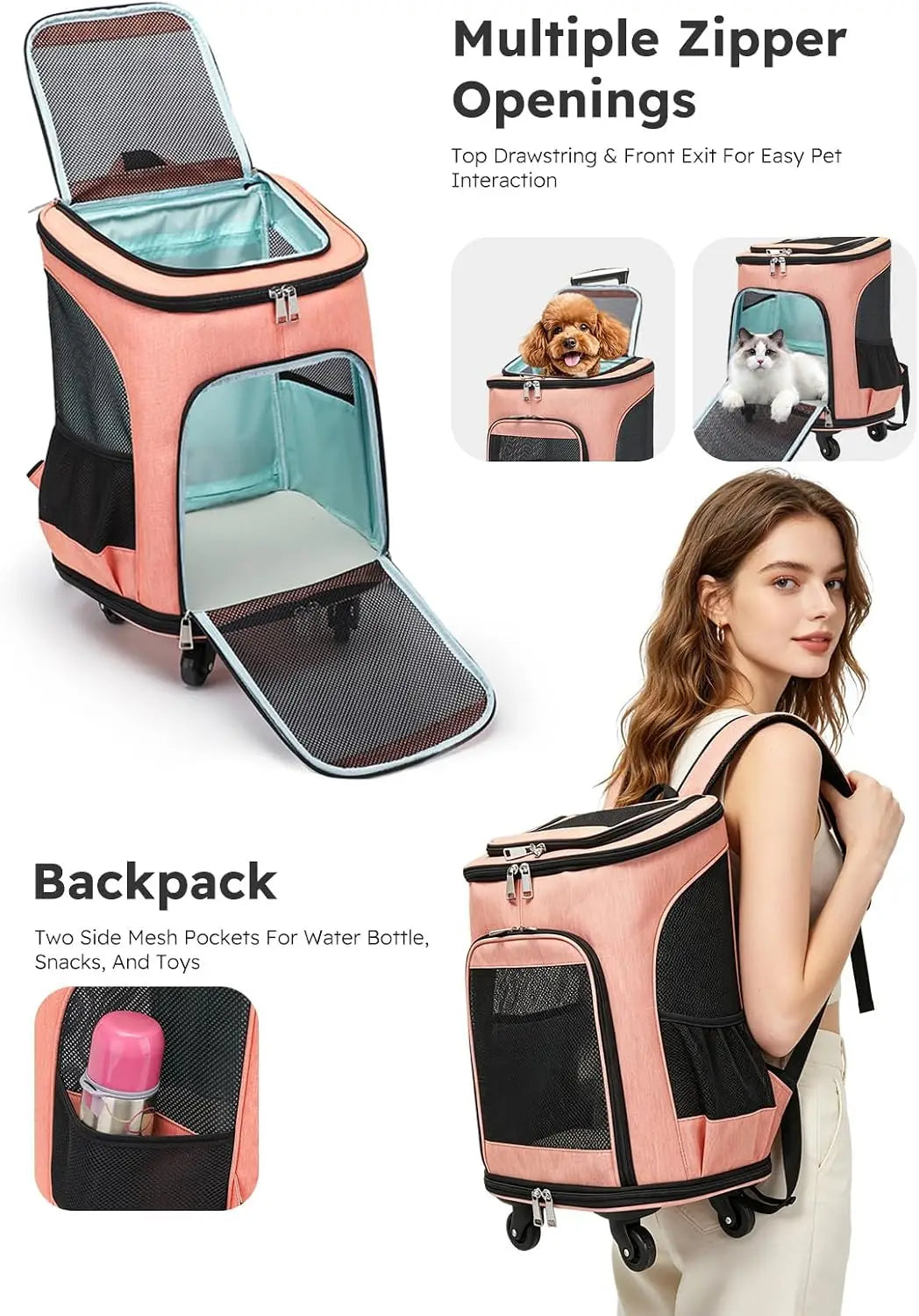 Three In One Wheeled Pet Carrier Backpack With Mesh Ventilation