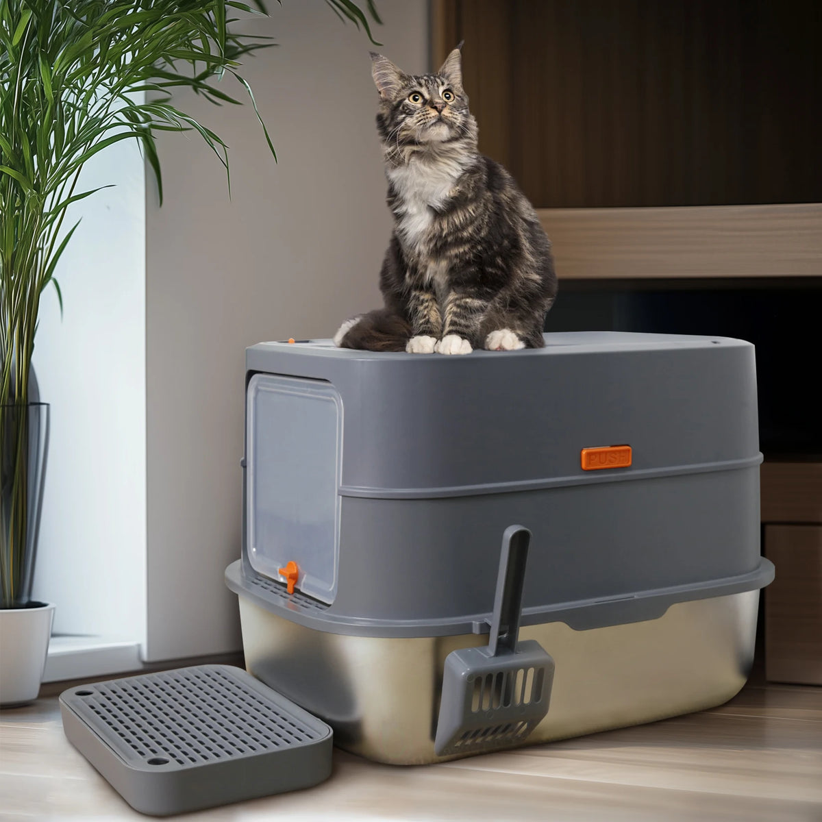 Enclosed Cat Litter Box With Lid And Stainless Steel Scoop