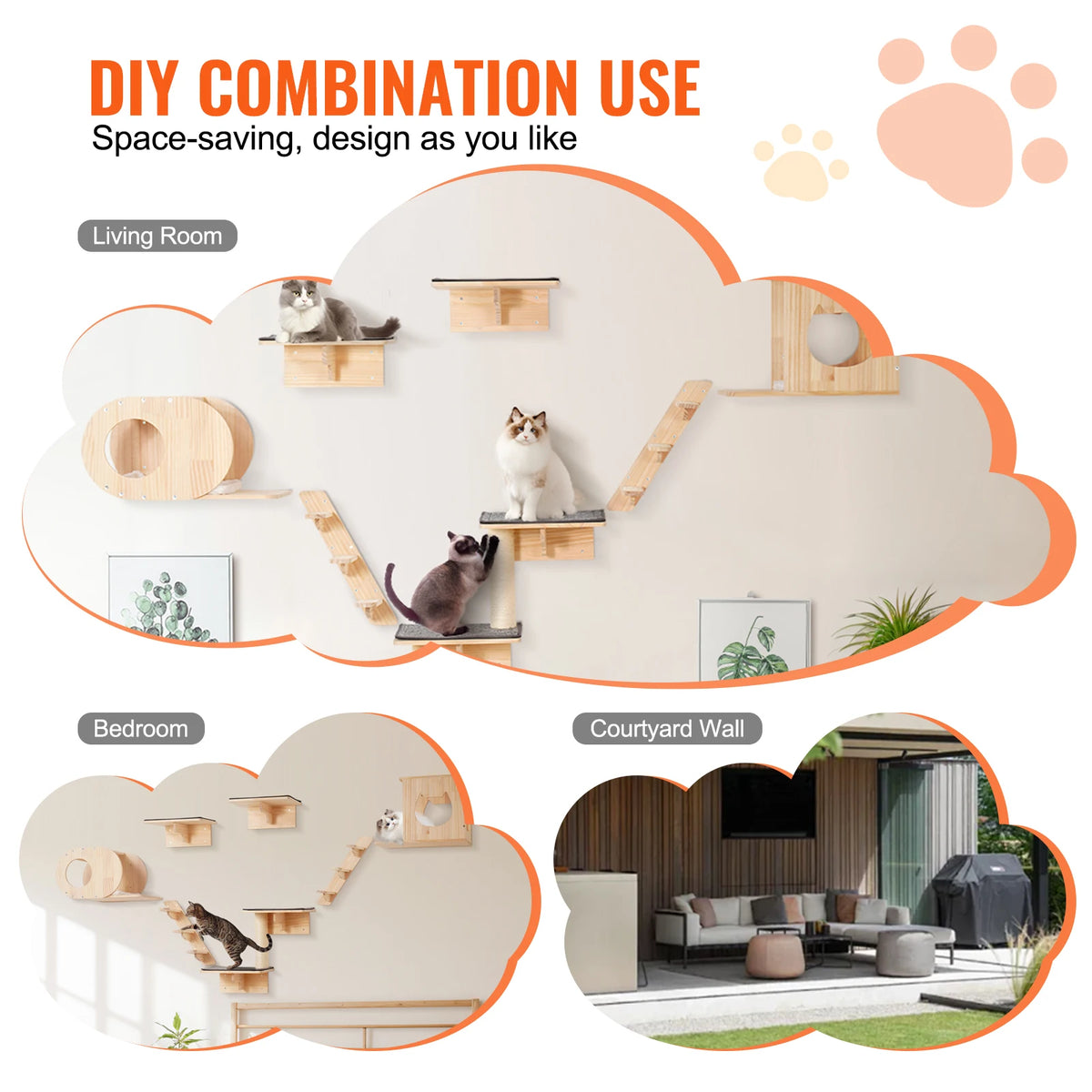SucceBuy Wall Mounted Cat Shelves With Hammock And Jumping Perches