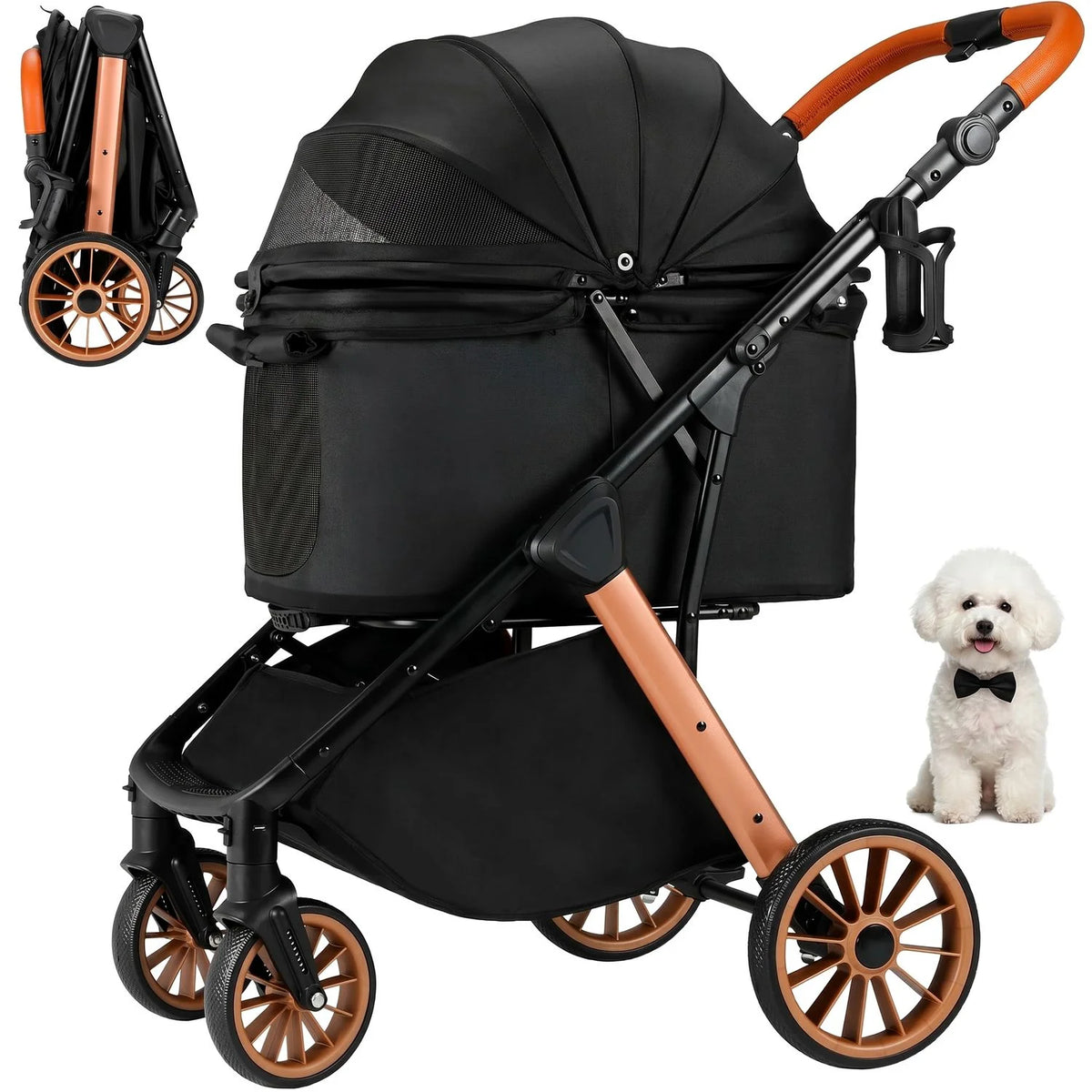 Foldable Pet Stroller With Sun Shade, Shock Absorbers And Carrier