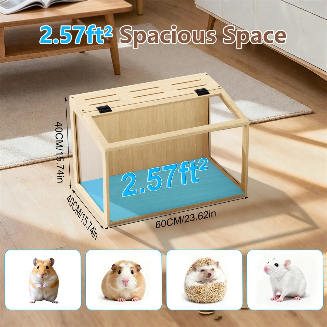 Indoor Wooden Hamster Cage With Glass Panels And LED Lighting
