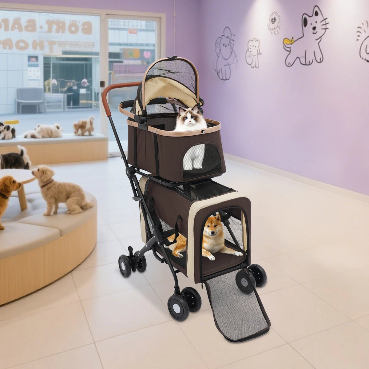 Bymaocar Foldable Two Tier Pet Stroller for Dogs and Cats