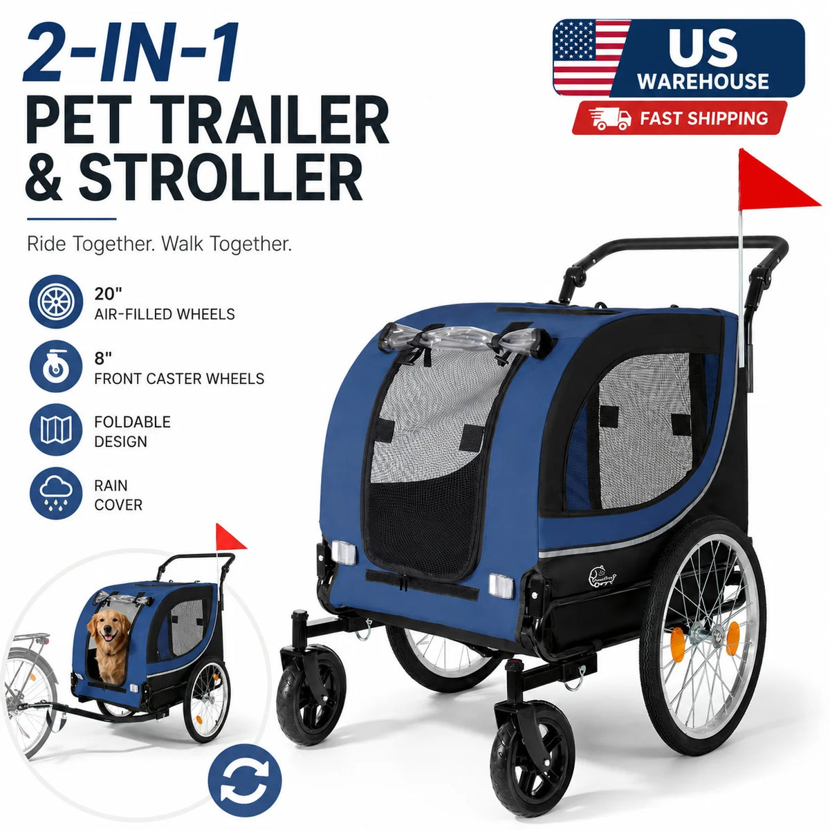 Foldable 2-in-1 Pet Bike Trailer and Stroller for Dogs