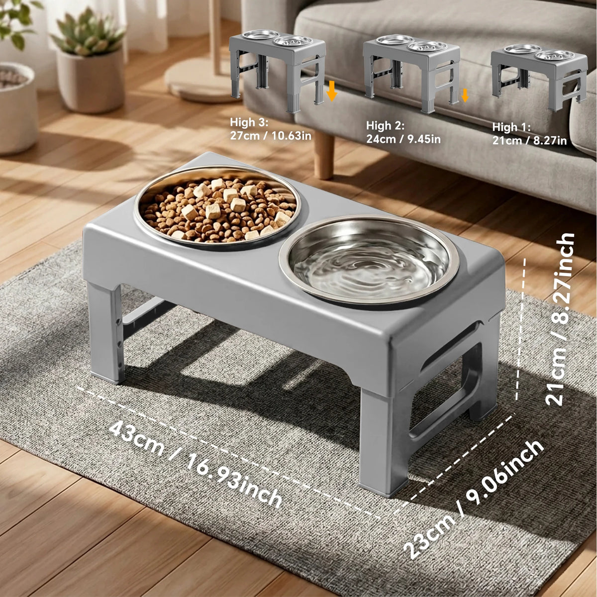 Adjustable Raised Dog Feeder With Double Stainless Steel Bowls