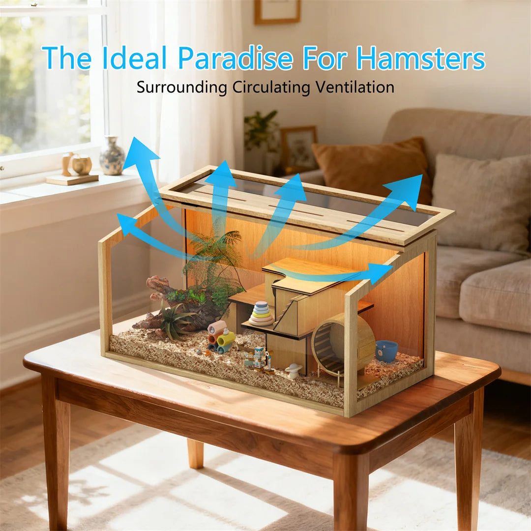 Indoor Wooden Hamster Cage With Glass Panels And LED Lighting