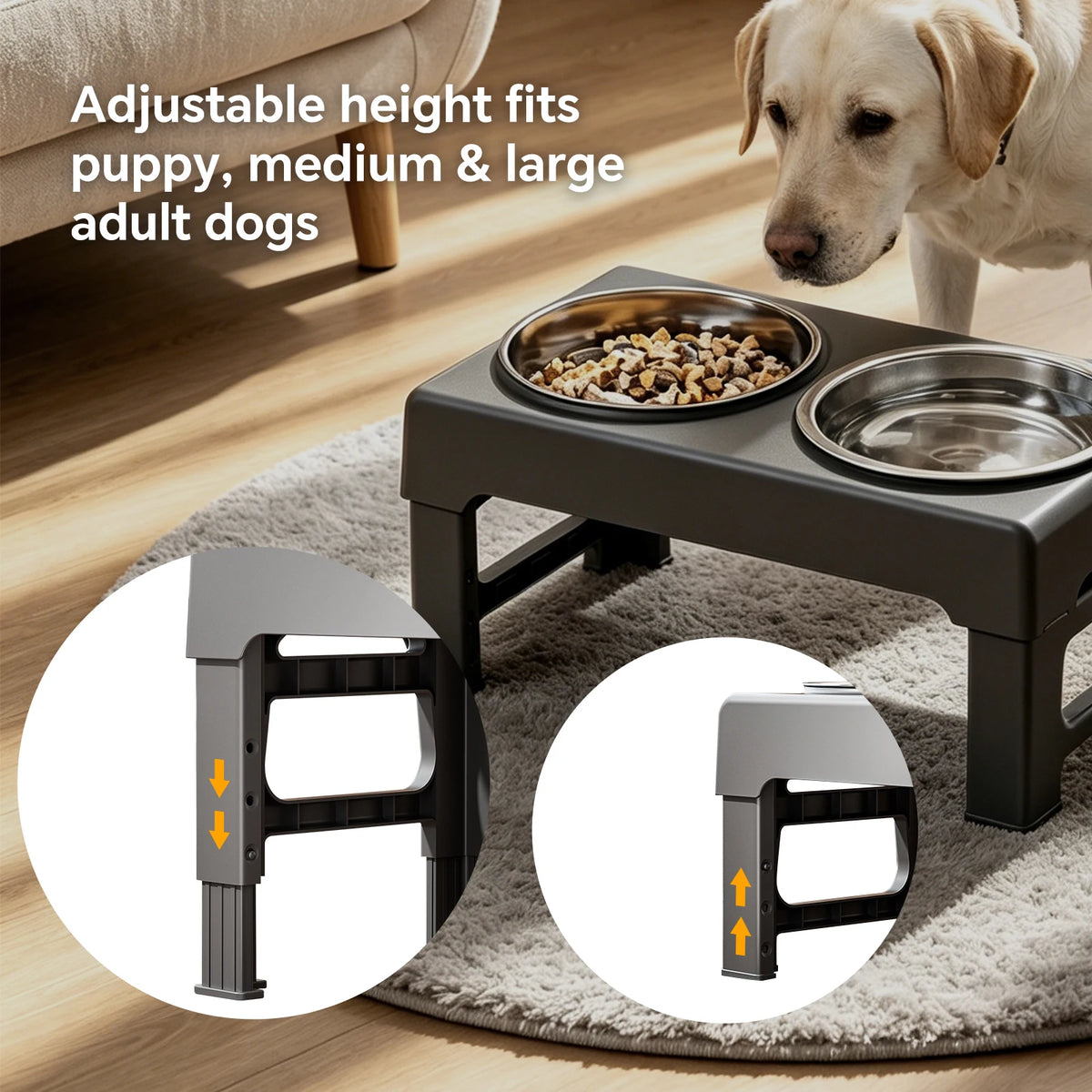 Adjustable Raised Dog Feeder With Double Stainless Steel Bowls