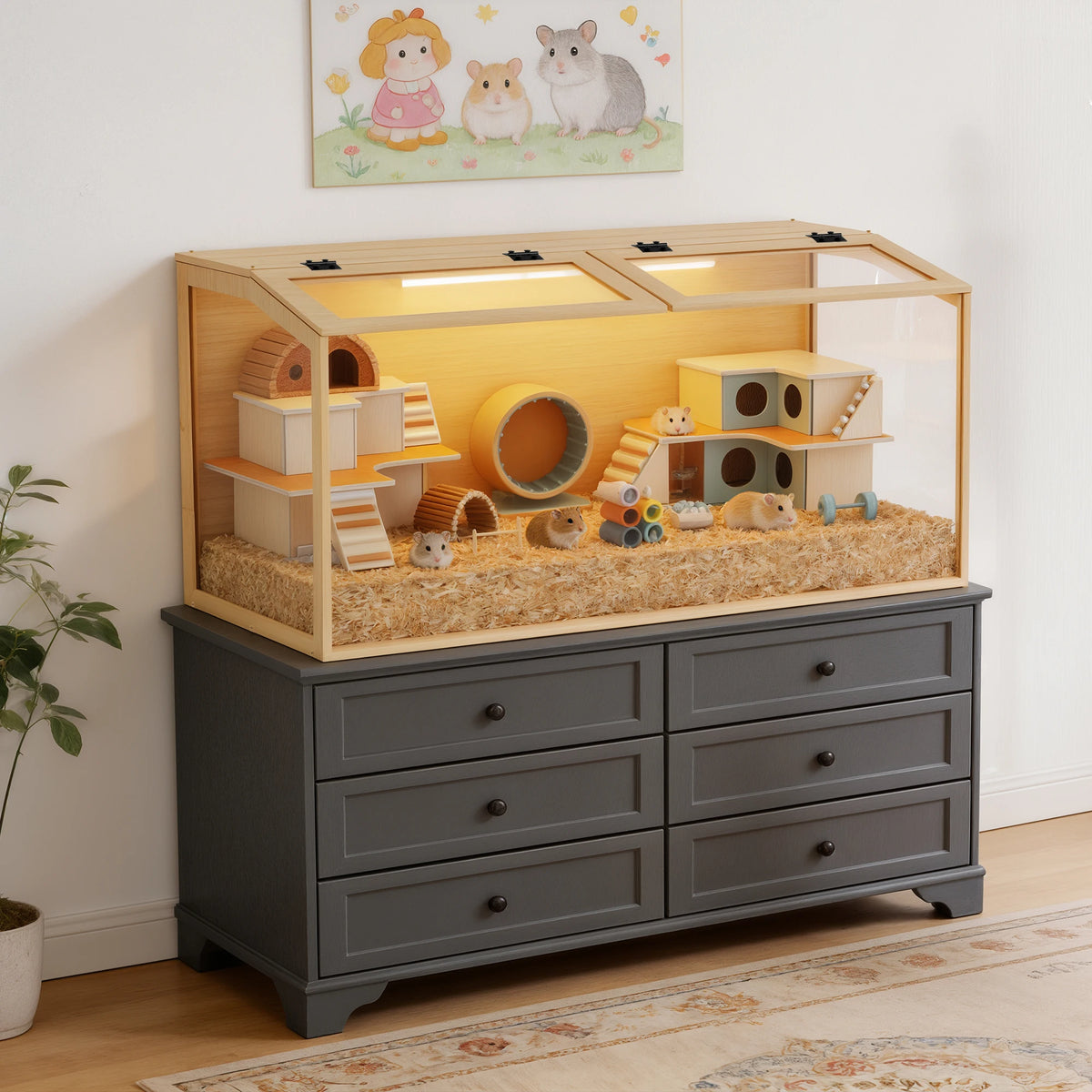 Indoor Wooden Hamster Cage With Glass Panels And LED Lighting