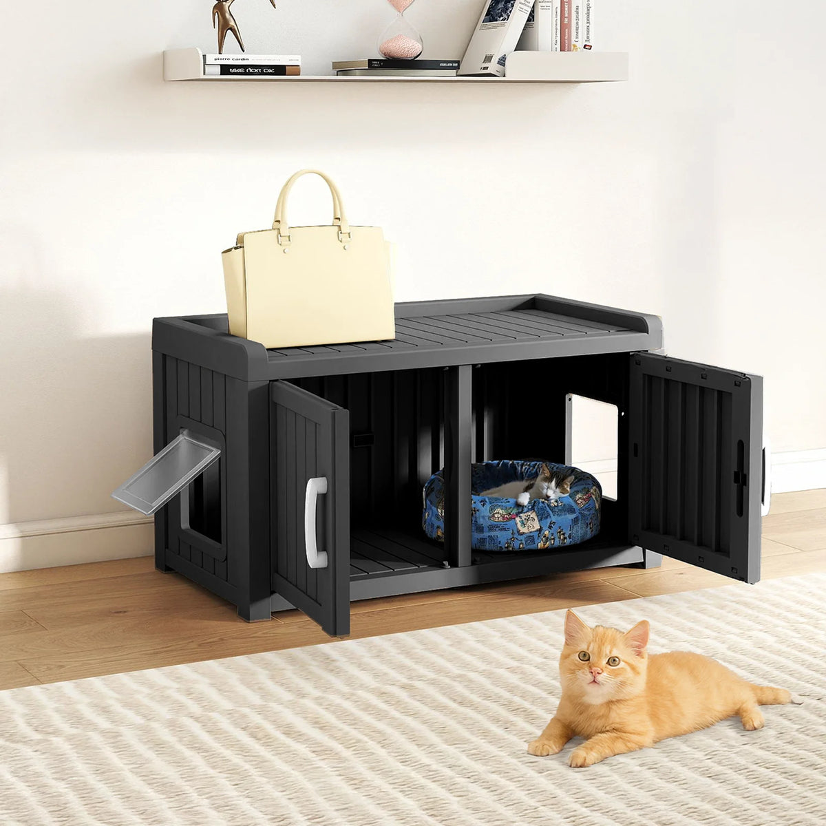 Double Door Resin Outdoor Cat House With Pet Storage Cabinet