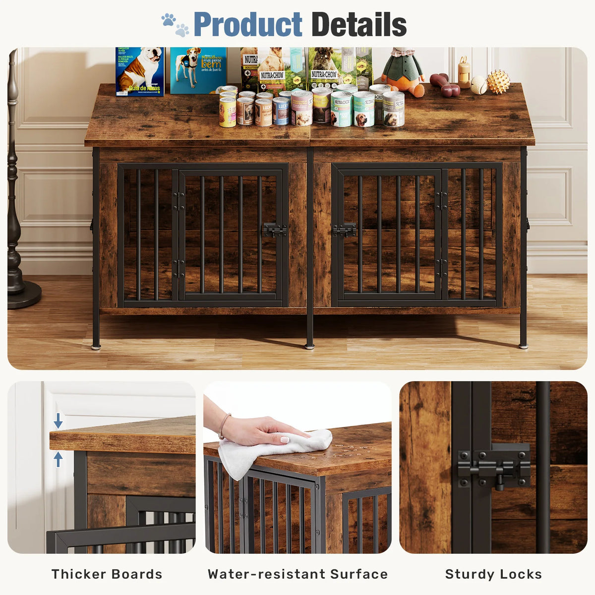 JHK Double Door Wooden Dog Kennel With Secure Divider Panel