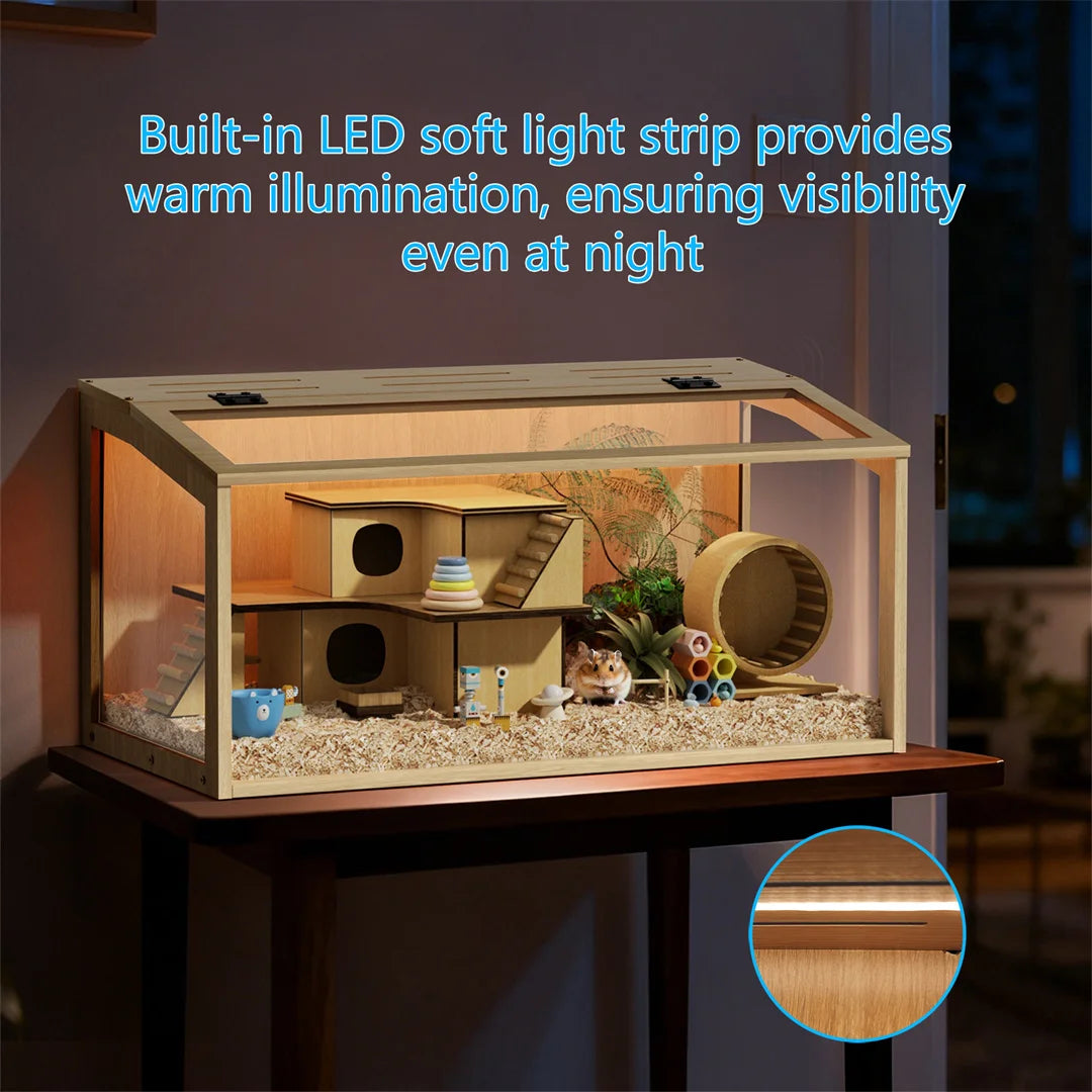 Indoor Wooden Hamster Cage With Glass Panels And LED Lighting