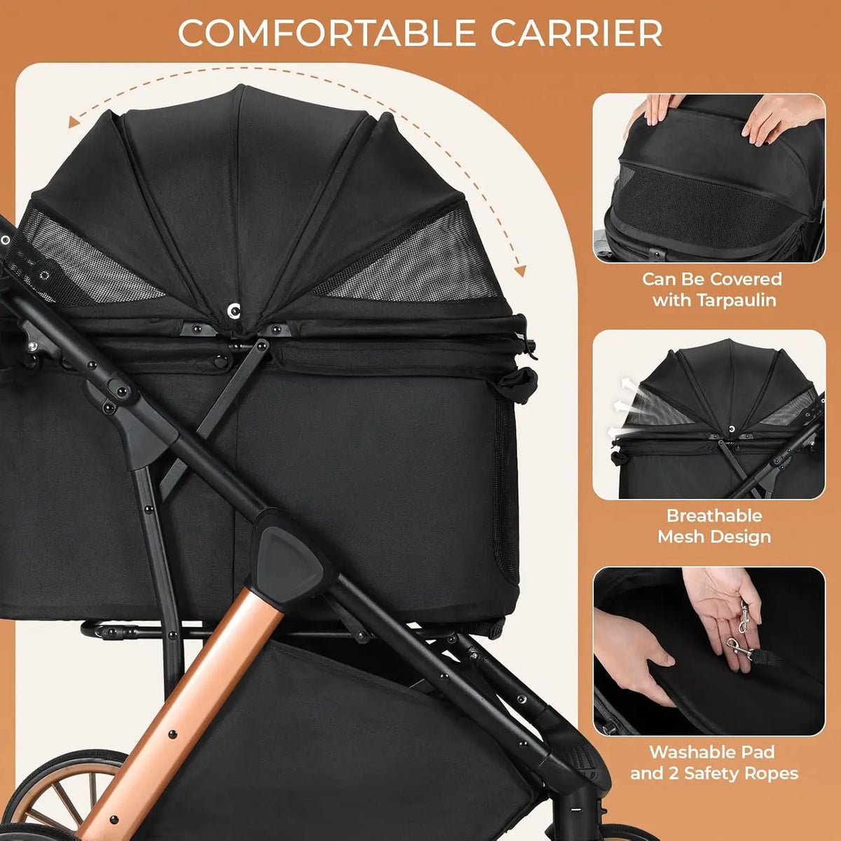 Foldable Pet Stroller With Sun Shade, Shock Absorbers And Carrier