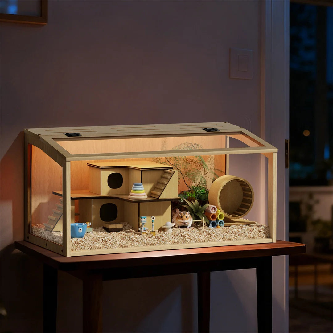 Indoor Wooden Hamster Cage With Glass Panels And LED Lighting