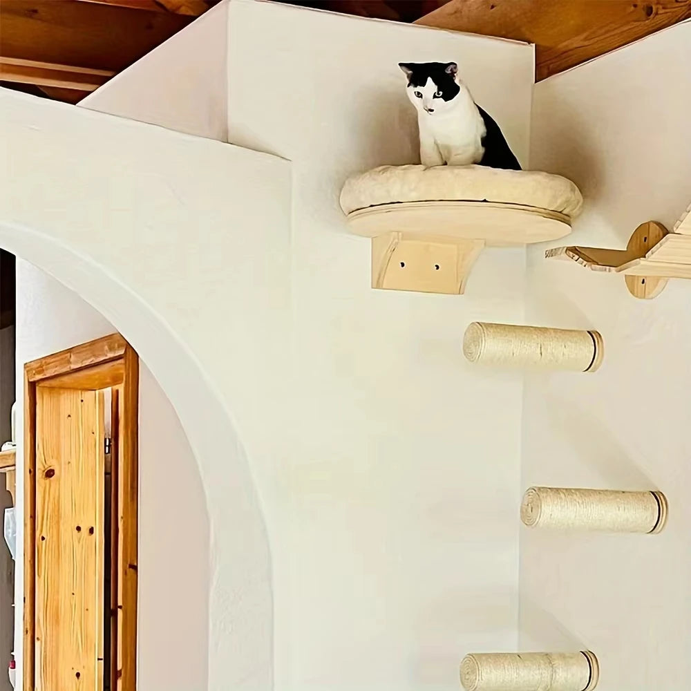 CWV Solid Pine Wood Cat Wall Mounted Ladder And Hammock