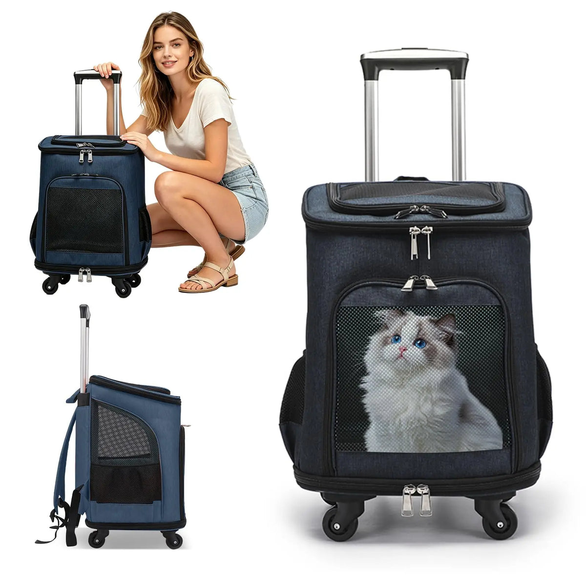 Three In One Wheeled Pet Carrier Backpack With Mesh Ventilation