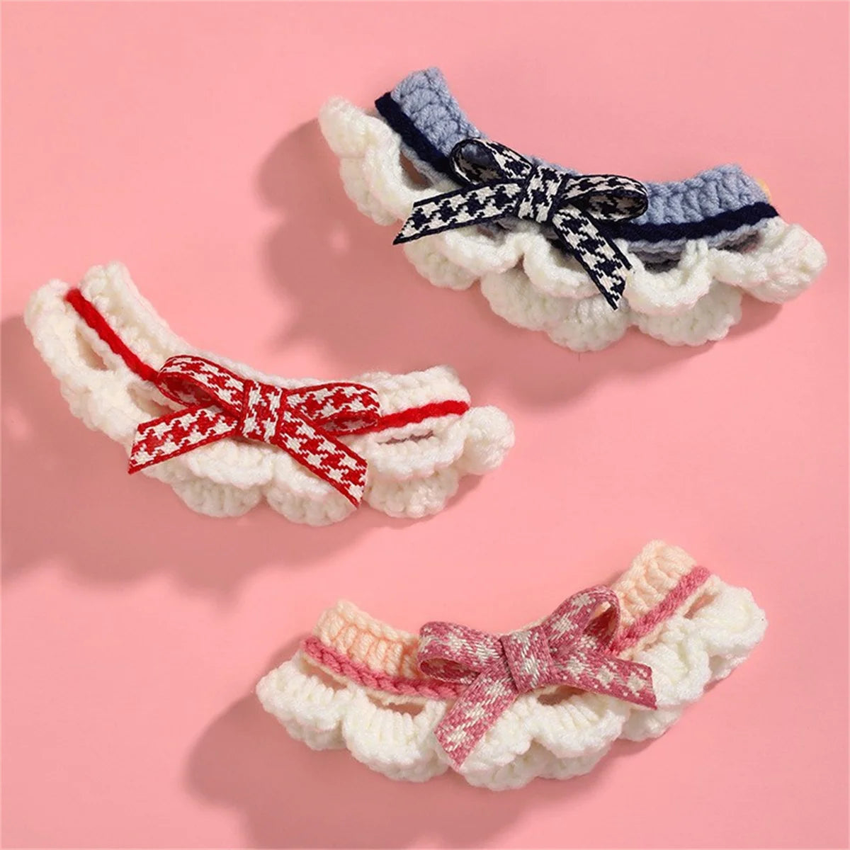 Knitted Bowknot Adjustable Pet Collar With Decorative Lace