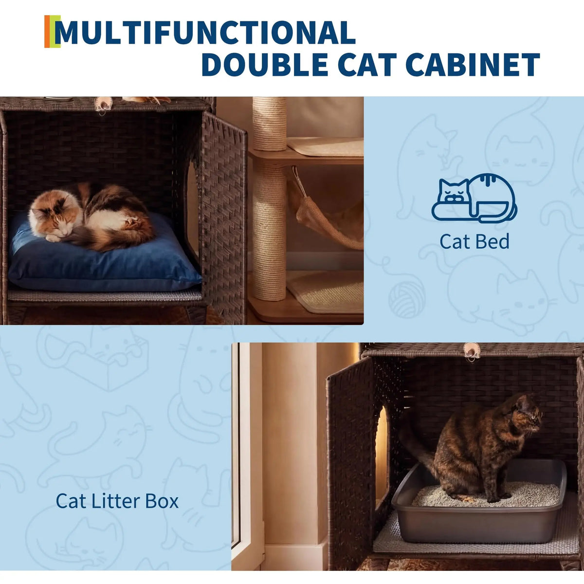 HiMISS Rattan Double Door Cat Litter Box Enclosure Set