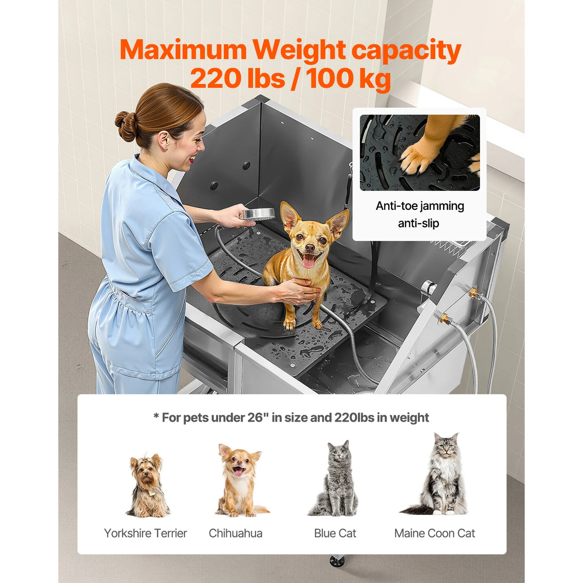 Stainless Steel Dog Grooming Tub With Faucet And Wall Storage Shelf