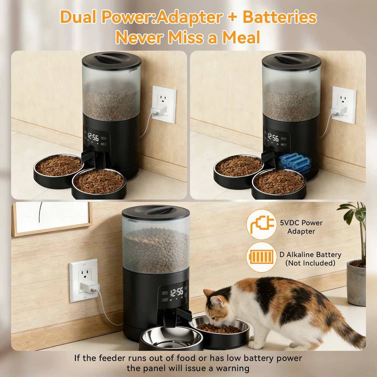 Automatic Cat Feeder Dual Stainless Bowls Timed Function Dual Power