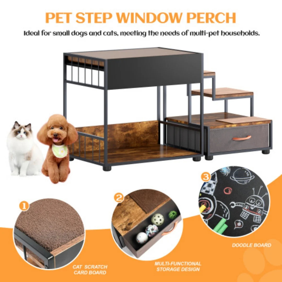Multi Level Dog Bunk Bed With Steps And Storage Drawer