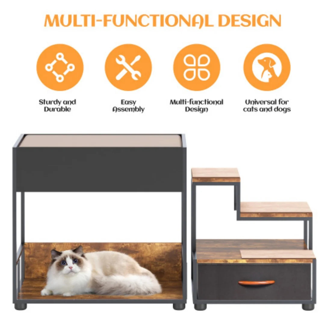 Multi Level Dog Bunk Bed With Steps And Storage Drawer