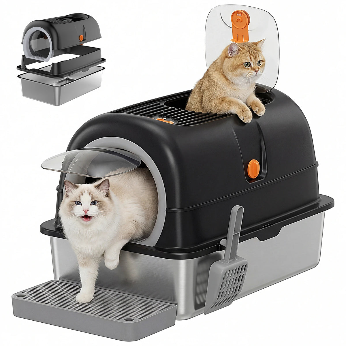 Fully Enclosed Stainless Steel Cat Litter Box With Accessories