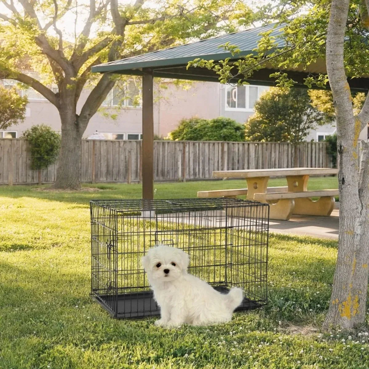 XI UWO Foldable Metal Dog Crate With Double Doors And Divider Tray