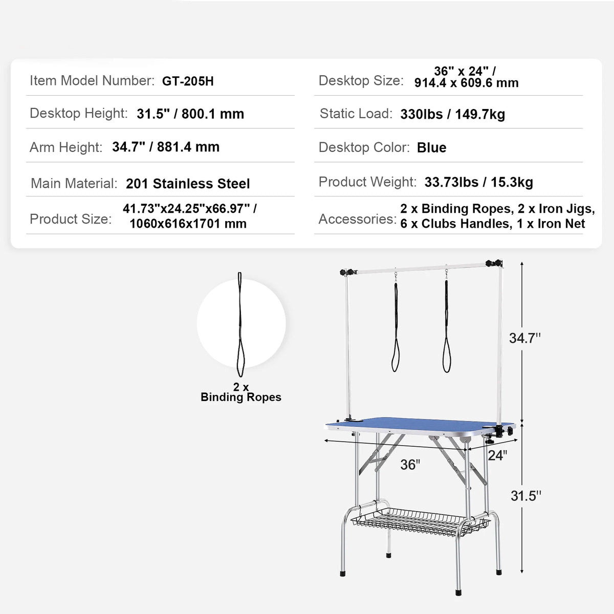 Foldable Metal Pet Grooming Table With Loop And Safety Clamp
