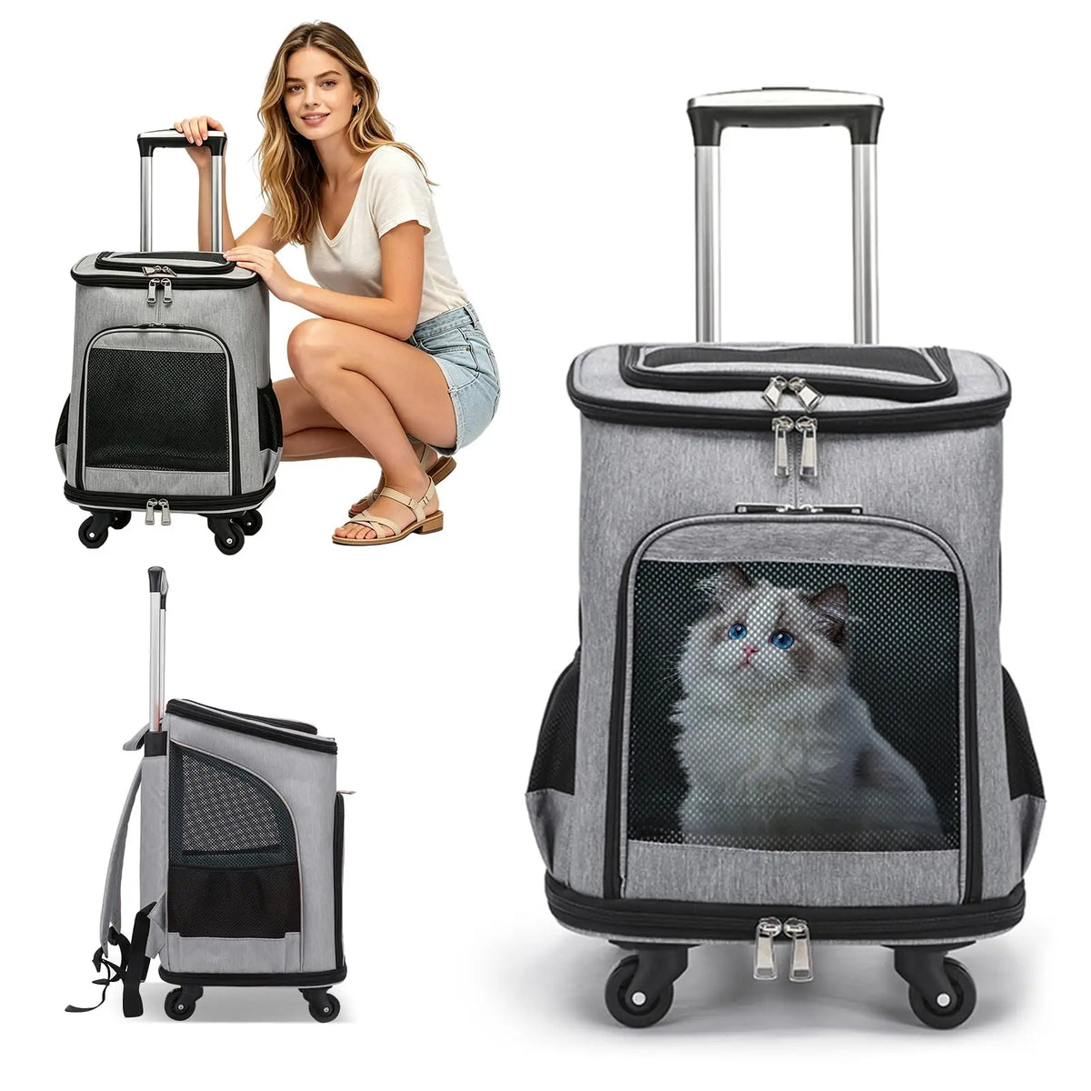 Three In One Wheeled Pet Carrier Backpack With Mesh Ventilation