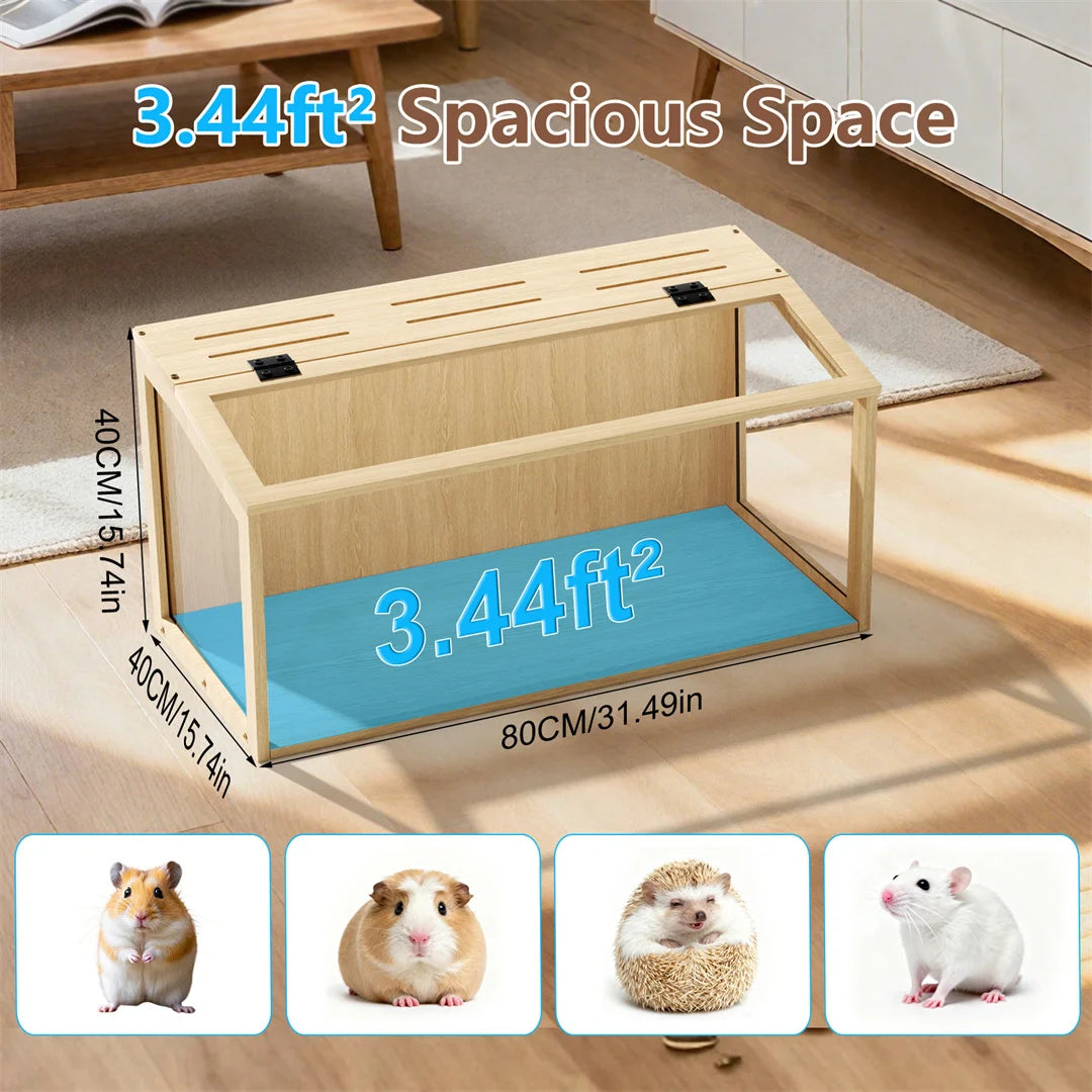 Indoor Wooden Hamster Cage With Glass Panels And LED Lighting