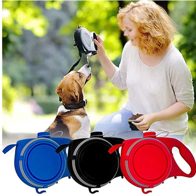 Dog Leash With Water Bottle Bowl And Waste Bag Dispenser