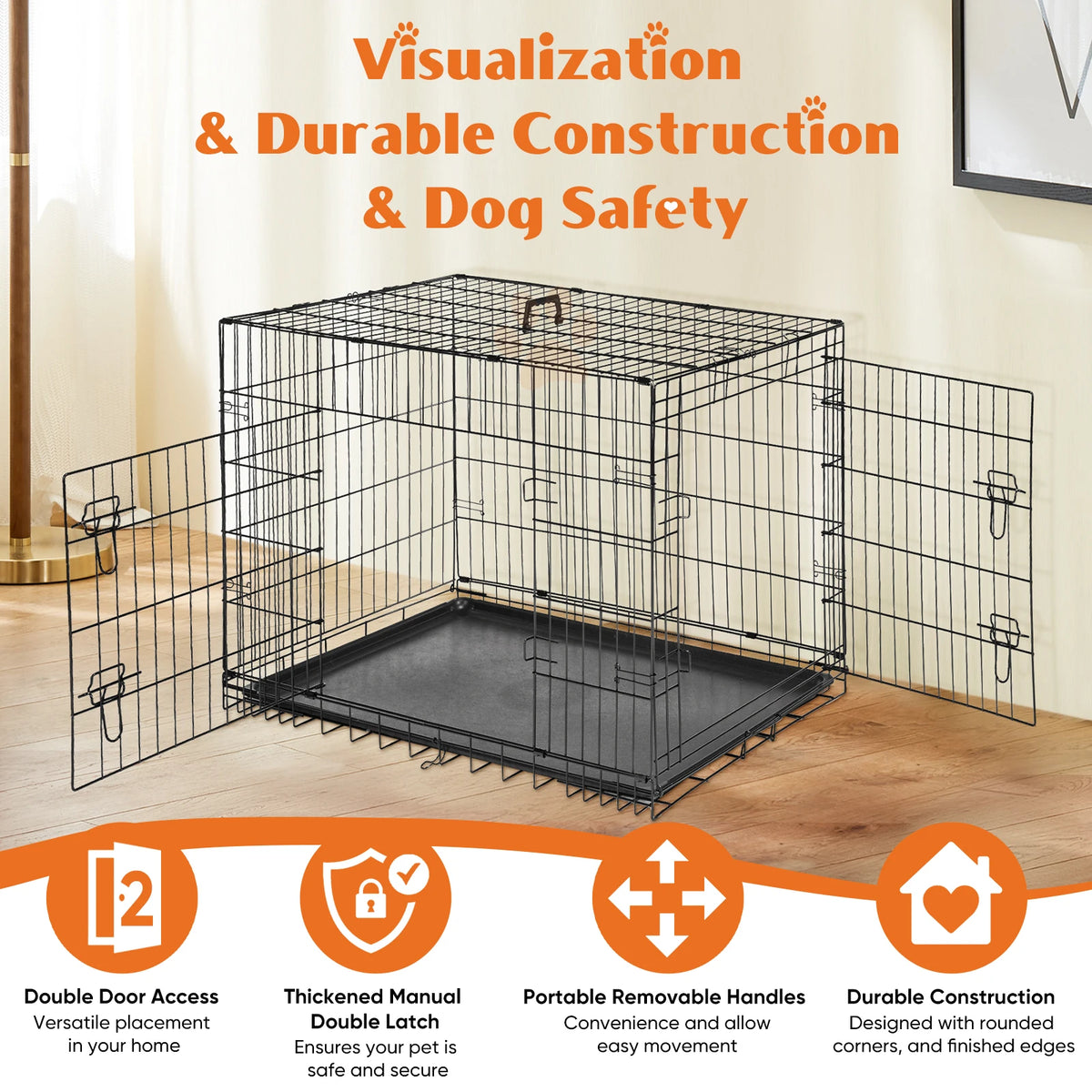 JHK Folding Metal Double Door Dog Crate With Removable Tray