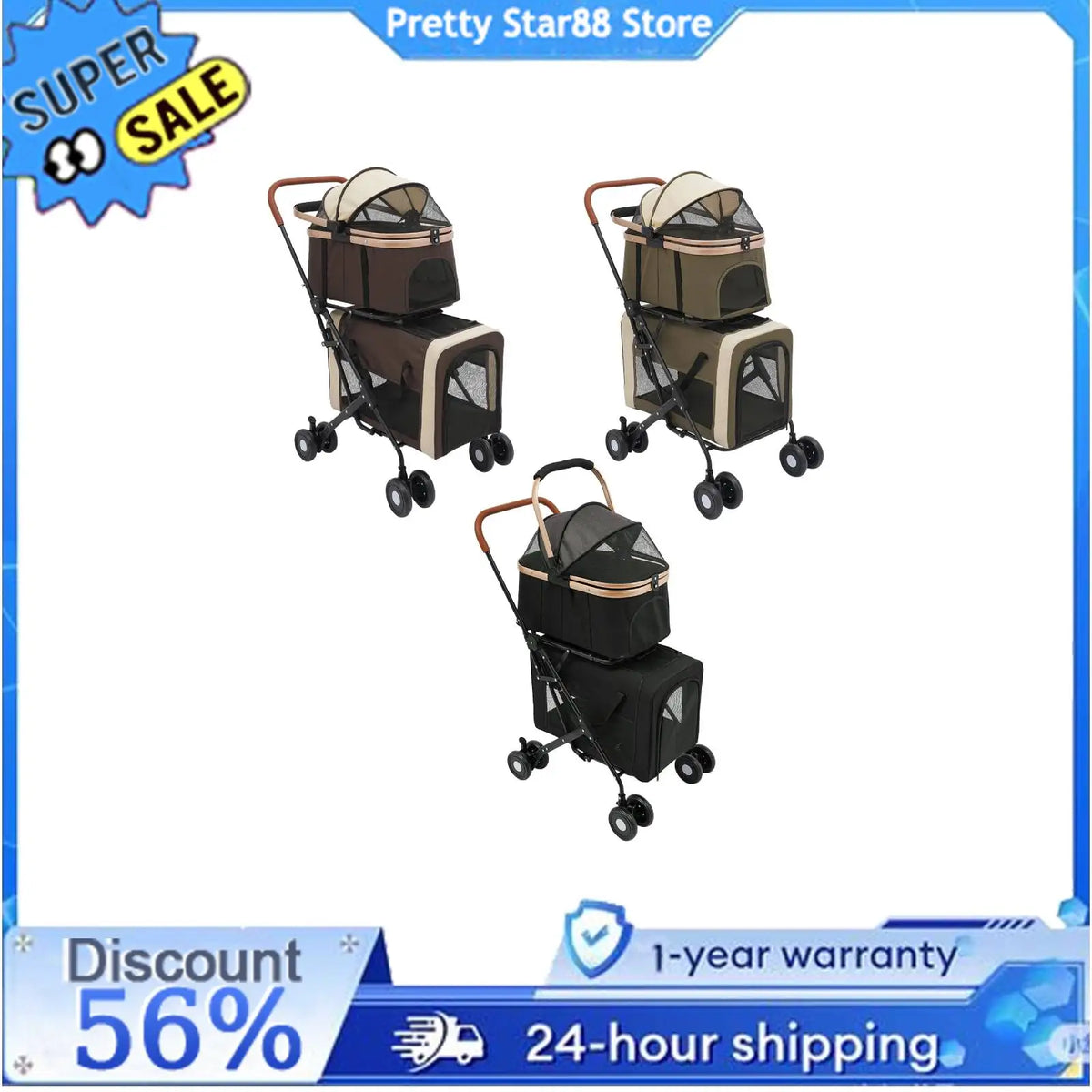 Bymaocar Foldable Two Tier Pet Stroller for Dogs and Cats