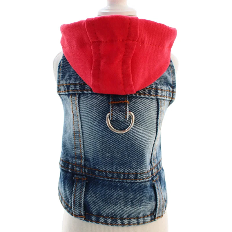 Hoopreety Dog Denim Harness Jacket Vest With Hood and Leash Ring