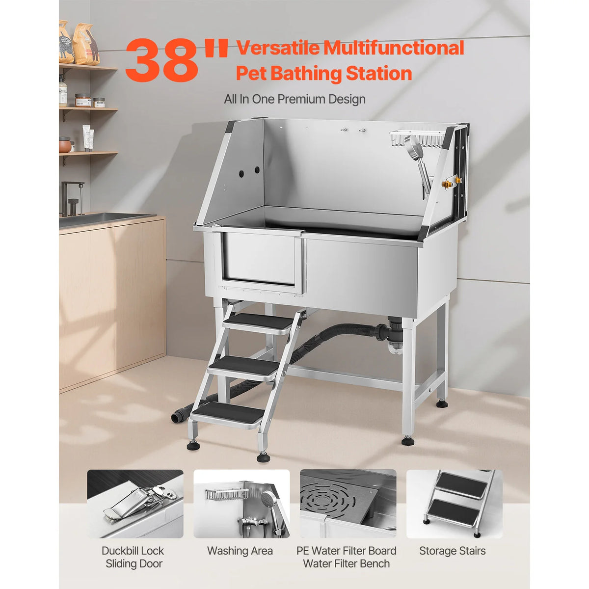 Stainless Steel Dog Grooming Tub With Faucet And Wall Storage Shelf