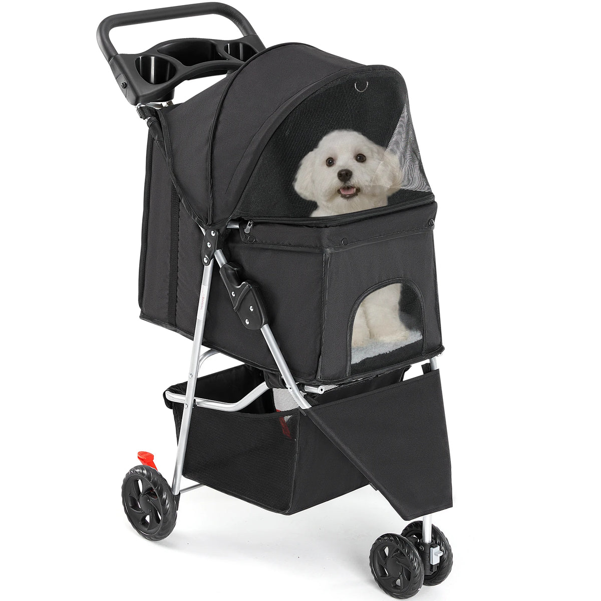 Foldable Pet Stroller with Mesh Windows and Storage Basket for Outdoor Use