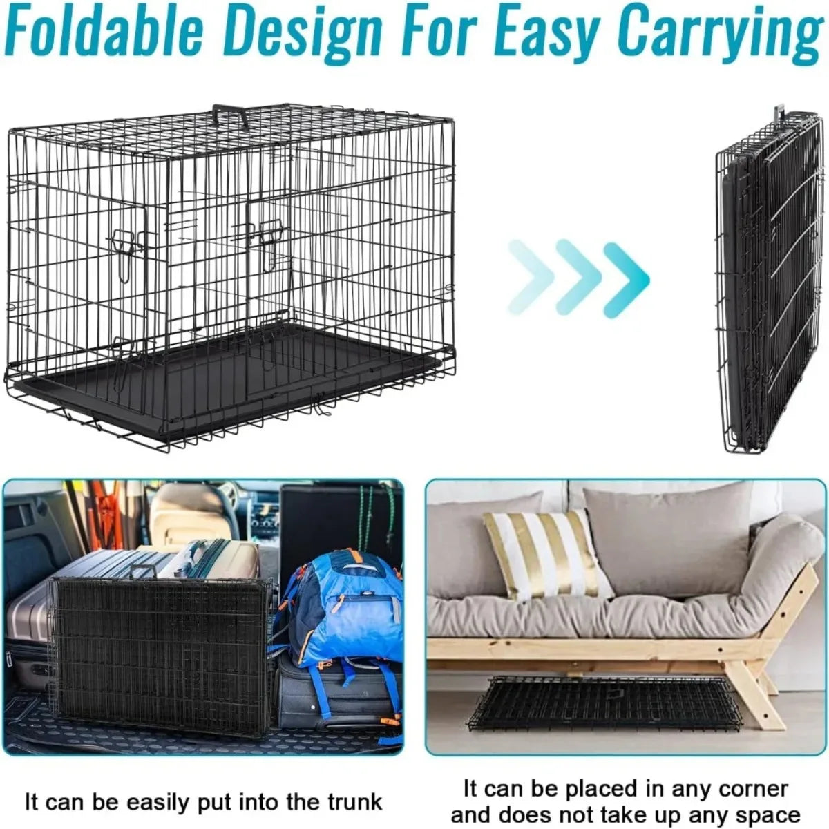 XI UWO Foldable Metal Dog Crate With Double Doors And Divider Tray
