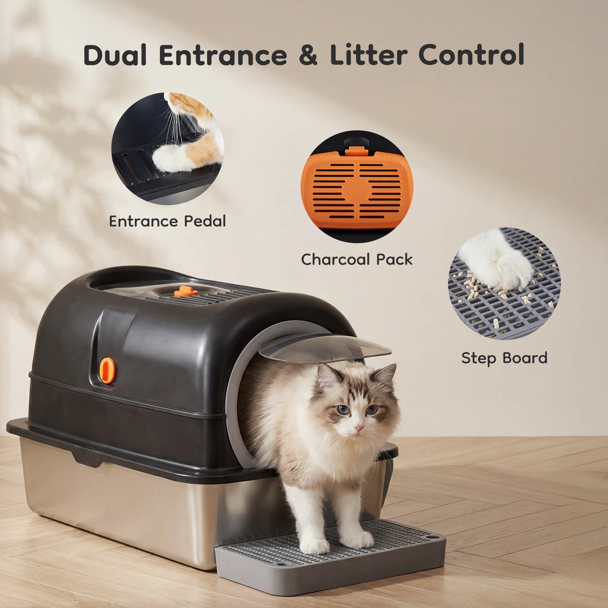 Fully Enclosed Stainless Steel Cat Litter Box With Accessories
